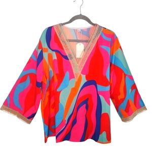 NEW Bright Pink Mulitcolor Crochet V Neck Blouse Plus Size XXL